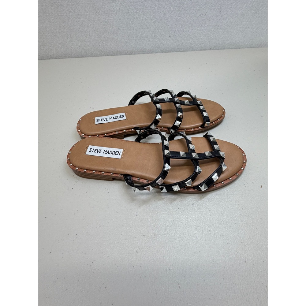 Steve Madden Rockstud Averill Black Studded Gladiator Slide Sandals 7 - Picture 2 of 7